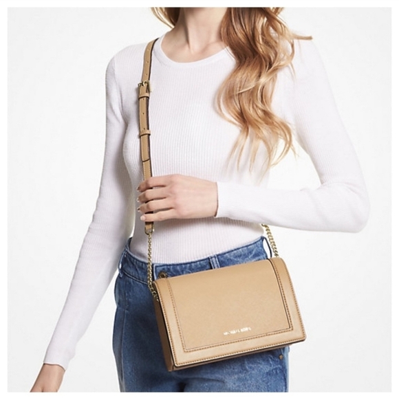 Michael Kors Jet Set Large Leather Tan Crossbody Bag - Picture 1 of 5